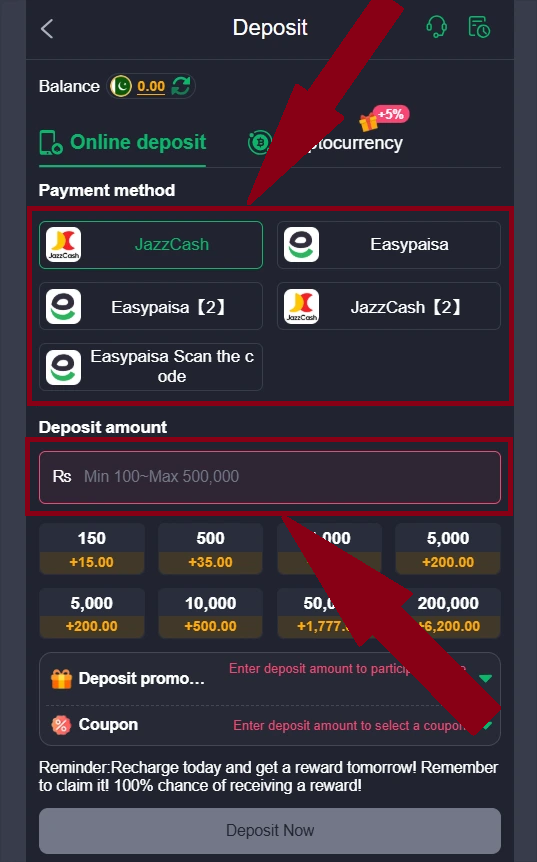 Z777 Game Deposit Screen